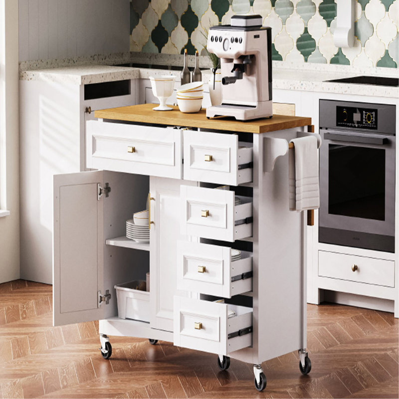 Îlot de cuisine 52 po avec abattant, îlot de cuisine en relief à roulettes avec support à épices, porte-serviettes, 2 portes et 5 tiroirs, chariot de rangement pour cuisine avec tablette réglable pour la cuisine