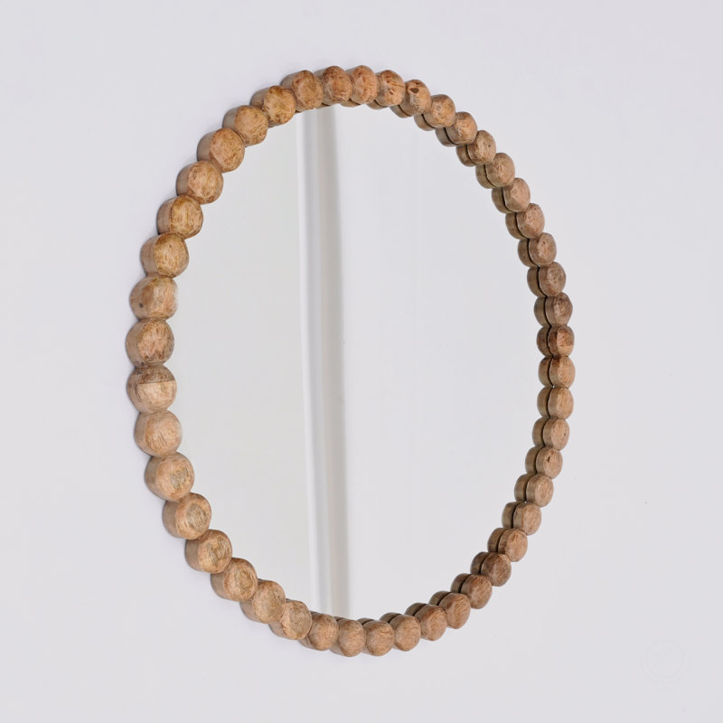 Decorative Round Hanging Wall Mirror With Natural Wooden Bead Design Frame