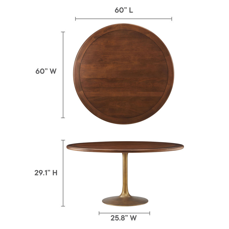 Lippa Round Pedestal Solid Wood And Metal Dining Table, Brass, 29.13"H x 60"L x 60"W