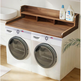 Washer Dryer Countertop With Non-Slip Pads, Laundry Wood Shelf Topper With Edge, 54" Width X 27.5" Depth Double Layer Organizer For Washer And Dryer Laundry Hamper Counter Storage (Sandy Brown Color)