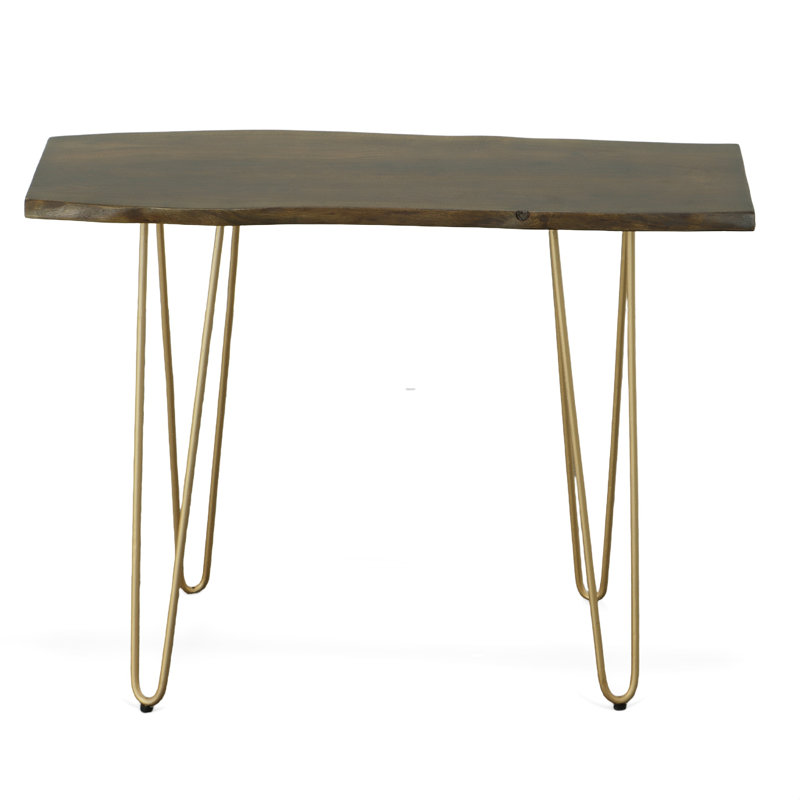 Modern Brown 40" W x 30" H x 14" D Console Table with Live Edge Elm Wood Top, Elm/Gold