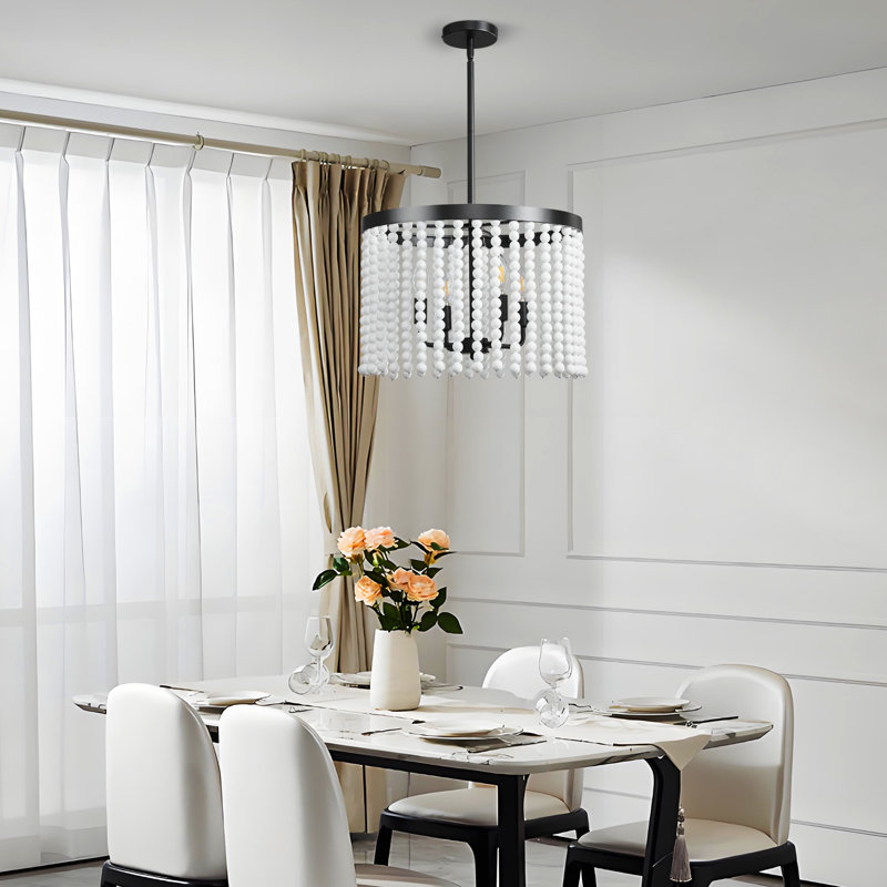 4 - Light 18" Dimmable Wood Beaded Pendant Lights, Matte Black