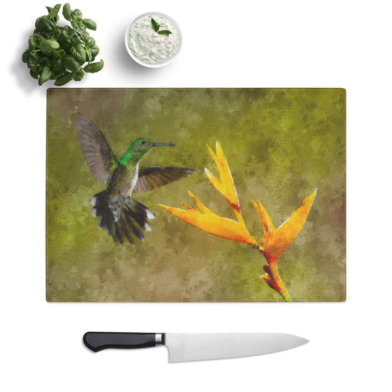 Tempered Glass Hummingbird by a Flower Chopping Board, 28.5 cm x 39 cm