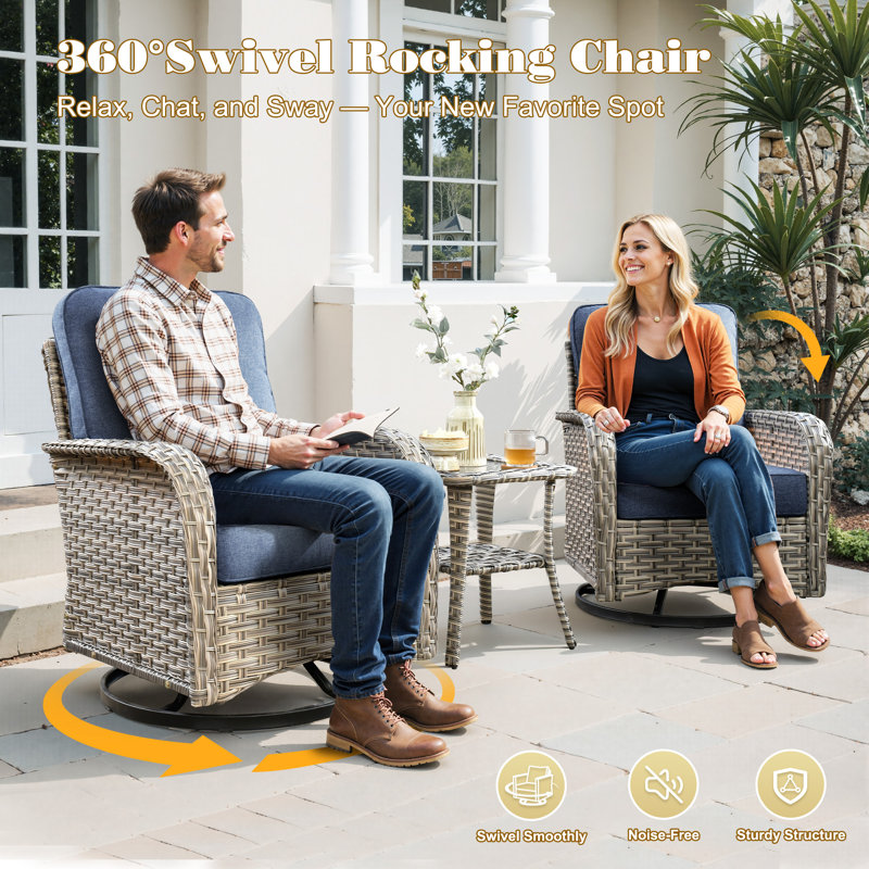 Ensemble 3 pièces de chaises de patio berçantes pivotantes en osier toutes saisons avec coussins et table d'appoint