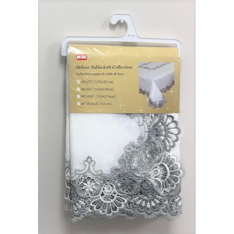 Ploy Lace Tablecloth, 72" x 54", White/Silver