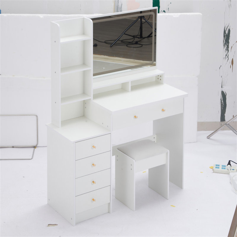 41" Large Size Left Bedside Cabinet Vanity Table+Cushioned Stool, Extra Large Touch Control LED Mirror, 3-Colour Switch, Multi Layer High Capacity Storage Fashionable Dresser, Suitable For Large Space