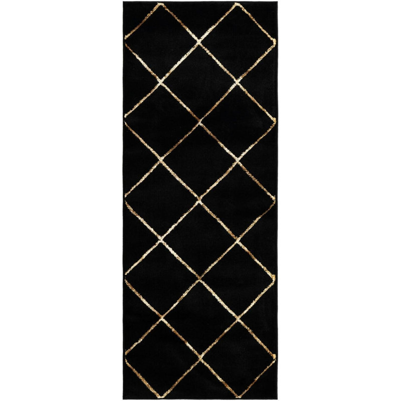 Étowah contemporain noir et doré, Tapis de couloir 2 pi x 5 pi 1 po