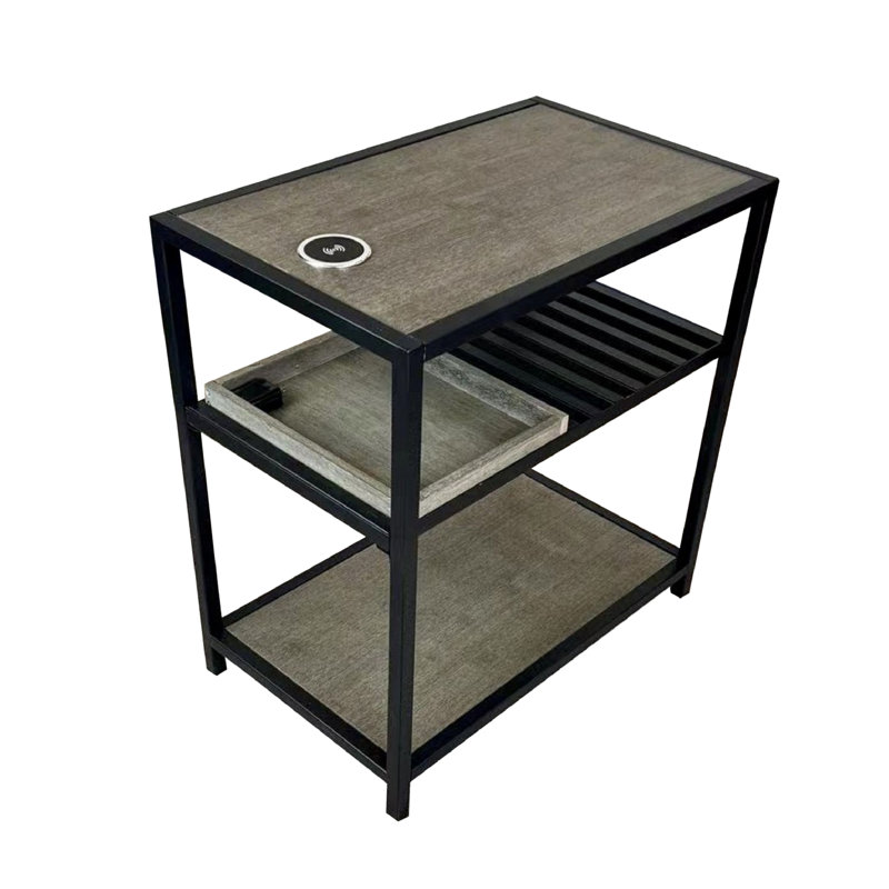 Table de bout en bois massif avec chargeur sans fil et rangement Milardo, Gris brossé