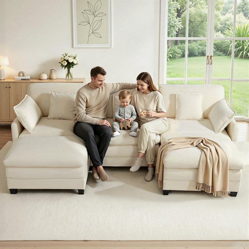 111.8" Modular Sectional Sofa, 3-Seat L Shaped Couch with 2 Reversible Ottomans, Beige