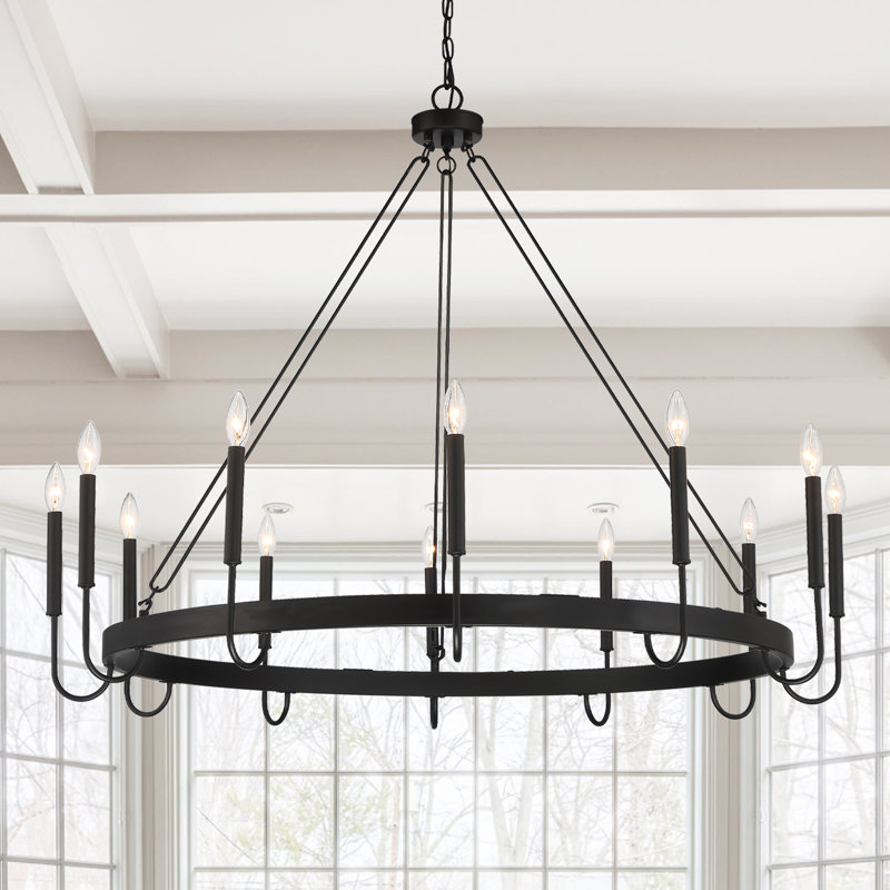 Arango 12 - Light Living Room Steel Dimmable Candle Style Chandelier Wagon Wheel Chandelier, Timeless Black