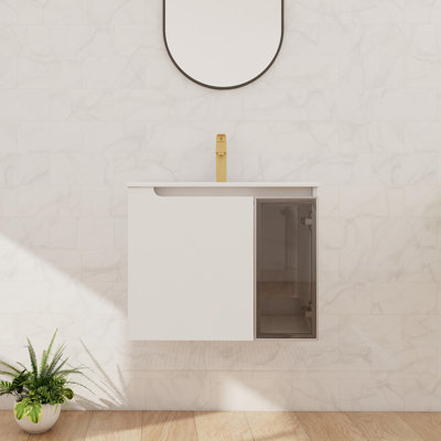 24" Single Wall Mounted Bathroom Vanity With Ceramic Basin Sink Top, Floating Vanity With 2 Soft Close Doors