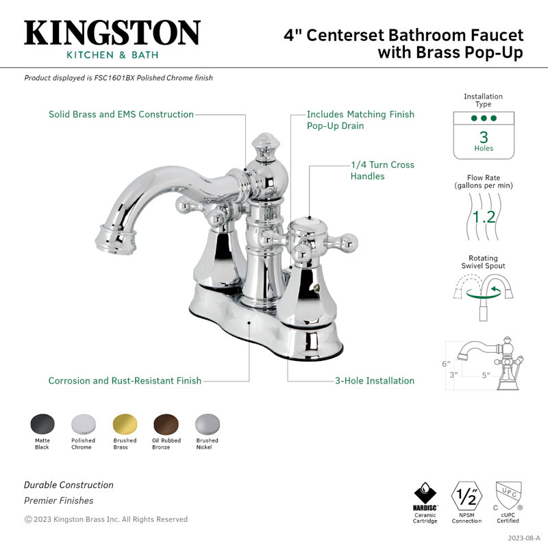 Kingston Brass Metropolitan Two-Handle 3-Hole Deck Mount 4" Centerset Bathroom Faucet with Pop-Up Drain, Matte Black