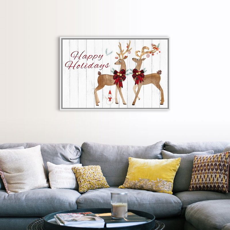 «Holiday Deers», reproduction d'art textuel sur toile, Cadre blanc, H 34 po x l 50 po x P 1,75 po