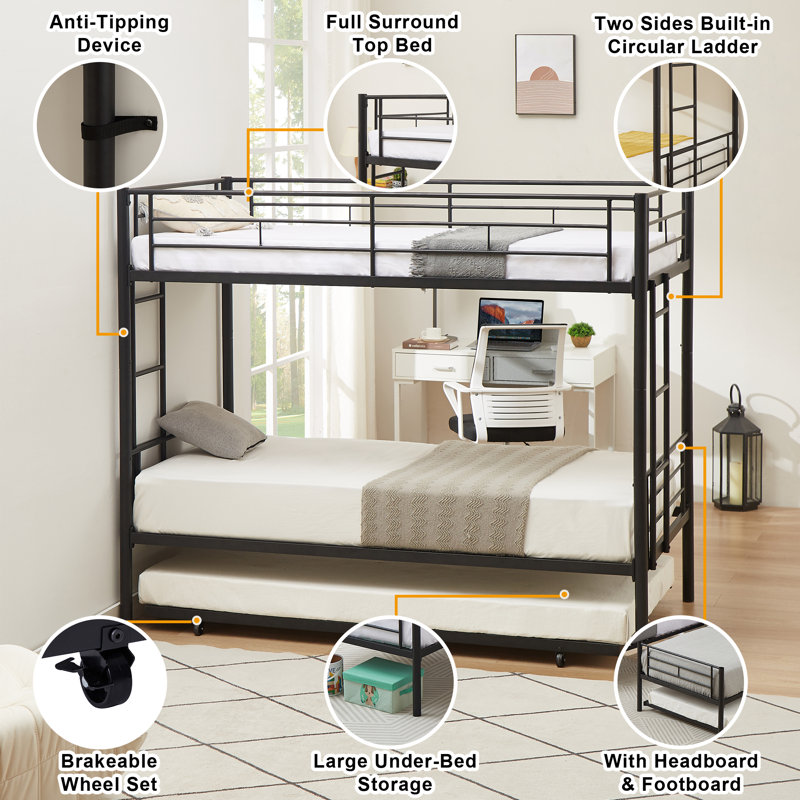 Aafke Twin-Over-Twin Bunk Bed with Trundle,Metal Trundle- W/Safety Rail and Ladder, Black