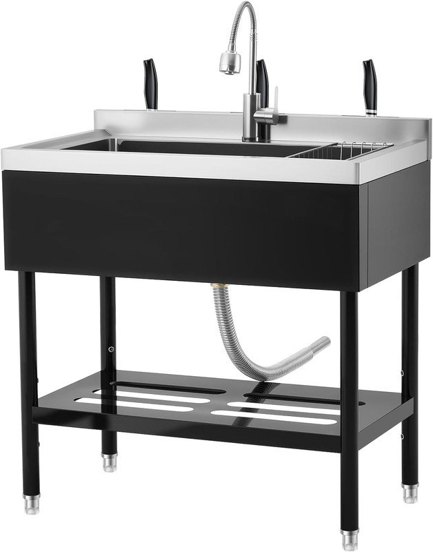 Heavy-Duty Freestanding Stainless Steel Utility Sink with 360° Faucet & Adjustable Legs, Matte Black