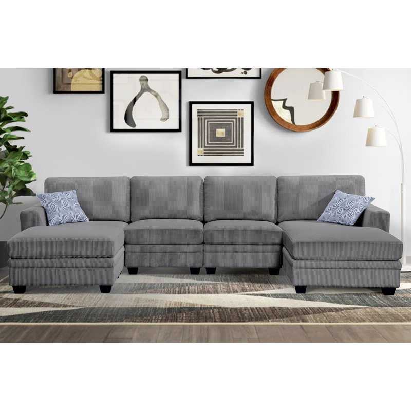 Kescha Corduroy Compression U-Shaped Sectional Symmetrical, Gray Corduroy