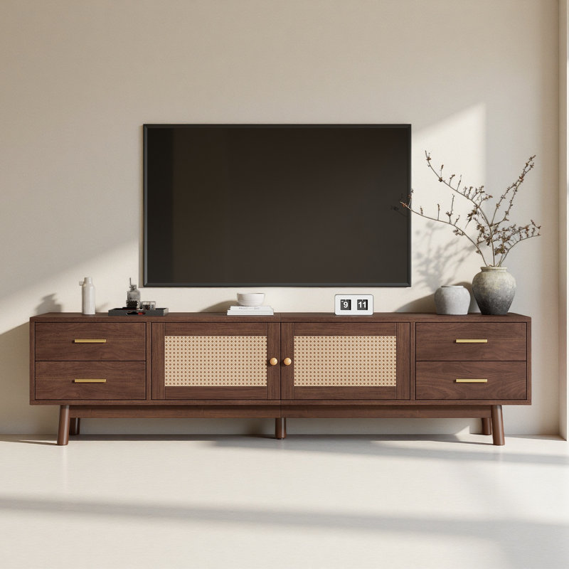 Meuble télé 70 po avec portes en rotin pour téléviseur de 80 po ou moins, console multimédia avec espace de rangement, 4 tiroirs et trous pour câbles