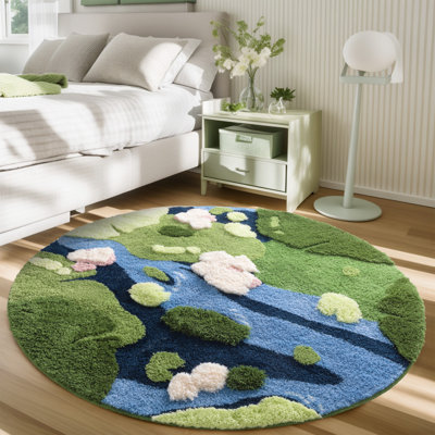 Tapis rond à poils longs lavable à la machine Meadowland