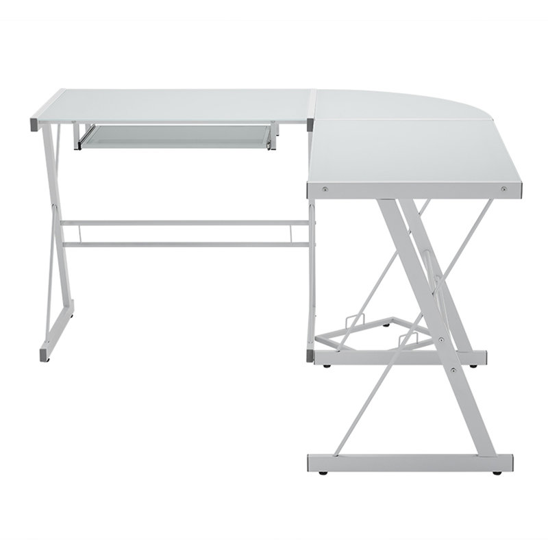 L-Shaped Glass Top Metal Base Computer Desk, White