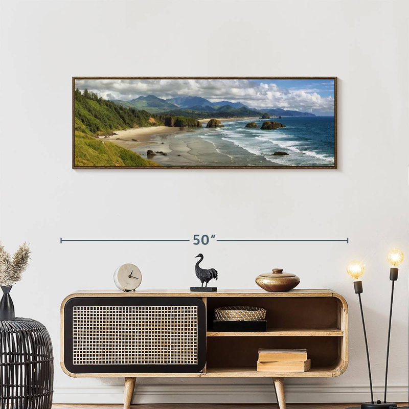 Cannon Beach Coast, 46 po x 16 po, Cadre flottant noyer