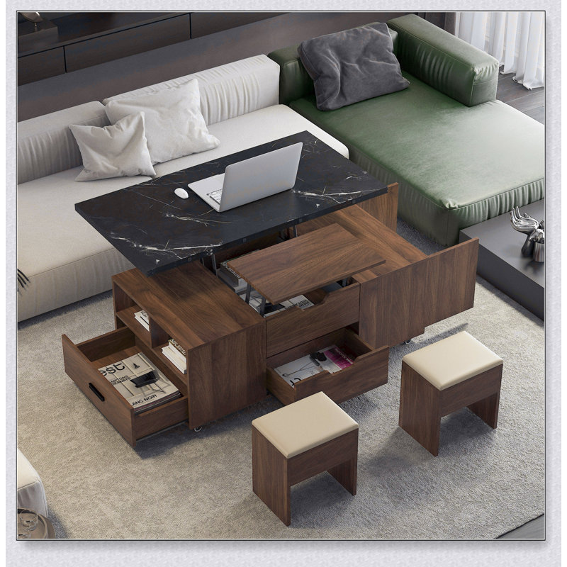 Table basse relevable moderne avec 2 tabourets, rangement dissimulé et tiroirs extensibles
