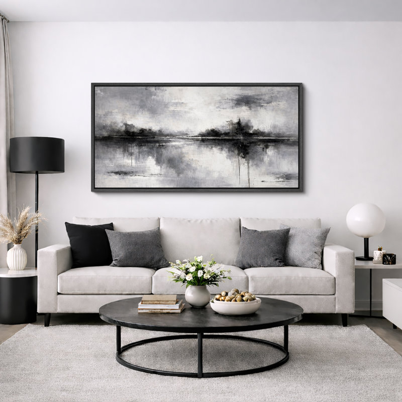Abstrait noir gris Misty Reflection, œuvre d'art de chambre contemporaine, impression sur toile encadrée, Cadre noir