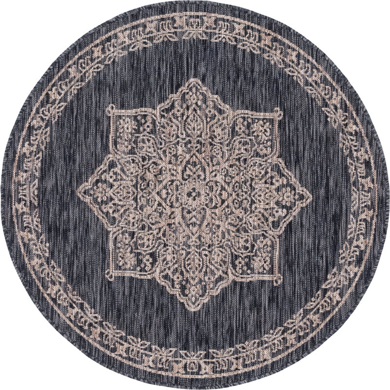 Tapis oriental beige / noir Cowgill, Rond 4 pi 1 po