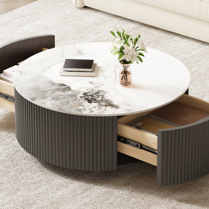 Table basse ronde moderne mobile avec roulettes, 2 tiroirs, plateau en pierre frittée à motif marbré, 29,5 po, Blanc / Gris