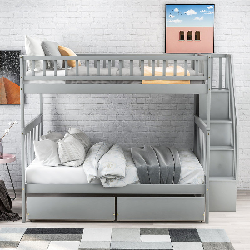 Lit superposé avec deux tiroirs et rangement, Gris