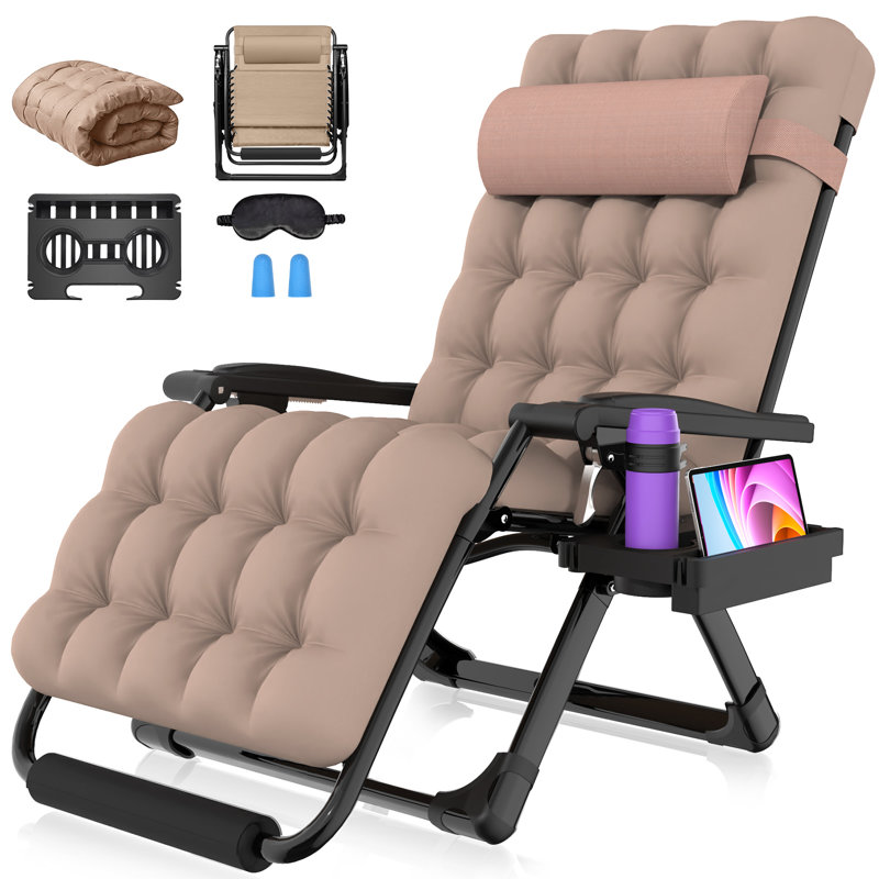 Oversized XXL Folding Zero Gravity Chair, Patio Reclining Lounge Chair 33In with Cushions and Headrest, Khaki