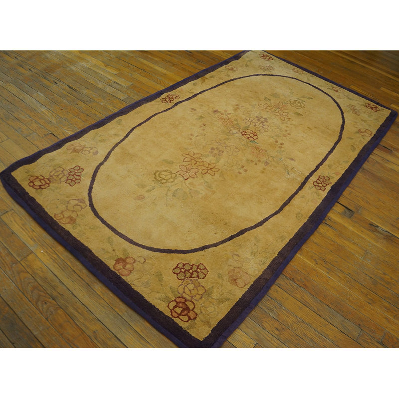 Early 20th Century Small Size Antique Ivory American Floral Folk Art Hooked Rug