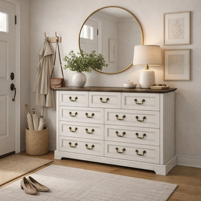 Commode rustique en bois à 9 tiroirs avec poignées en métal, rangement large pour la chambre à coucher et le salon
