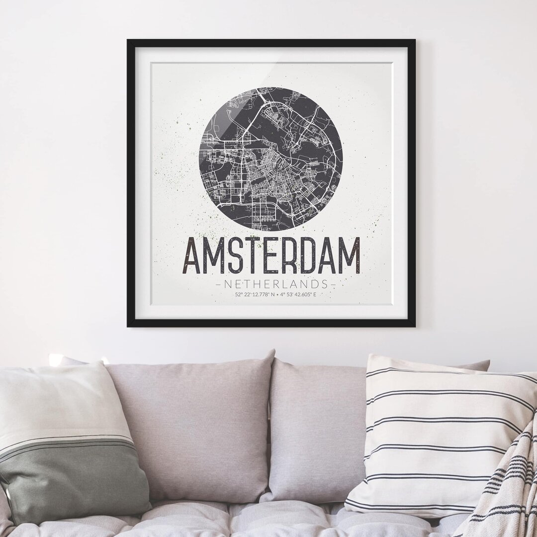 Gerahmtes Papierbild Stadtplan Amsterdam - Retro