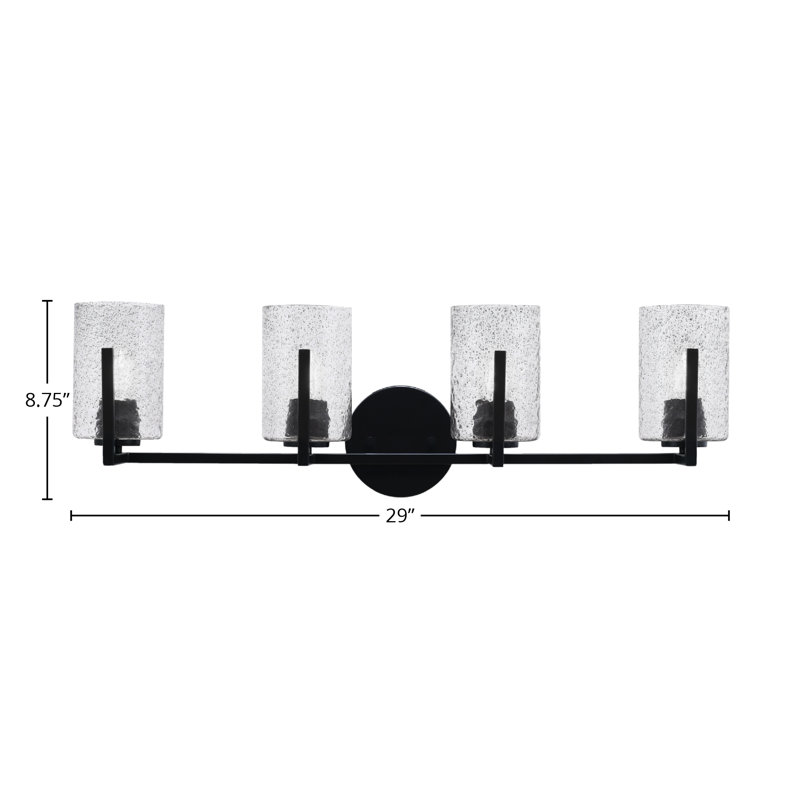 Barre d'éclairage de salle de bain 4 lumières Dayberry avec verre à bulles 4 po, Gris fumée, Noir mat