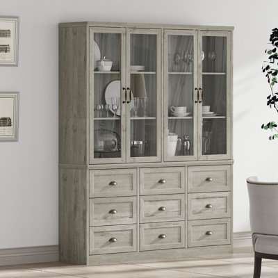 78.7" H Vintage Oak Glass Dining Cabinet With 9 Drawers & Anti-Tip by Ophelia & Co.