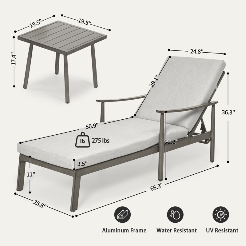 Chaise longue 1 pièce en aluminium avec table d'appoint et coussins Marijela, Coussin gris / cadre brun