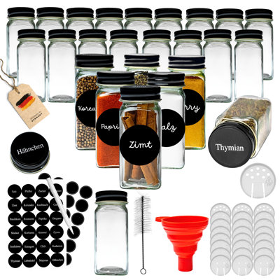 Gewürzgläser Set Eckig 24 Stück Inkl. Gewürzetiketten | Organizer Zur Aufbewahrung Küche – Glas Mit Deckel Für Gewürze | Glasbehälter Vorratsdosen Mit Deckel Luftdicht | Spice Jars Gewürzdose