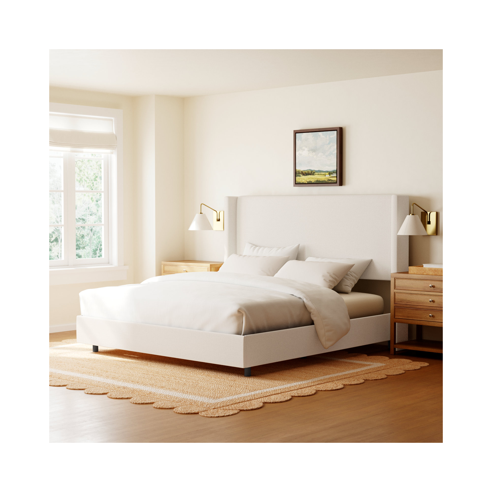 Hanson Upholstered Wingback Bed, King, Zuma White Textured Linen