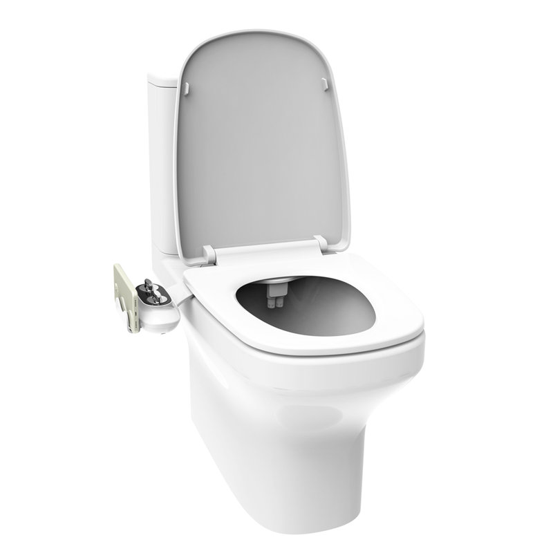 Bidet de toilette en plastique blanc avec deux buses à l'avant, lavage féminin et arrière, commandes à bouton, support de téléphone, poids du colis de 2,19 lb
