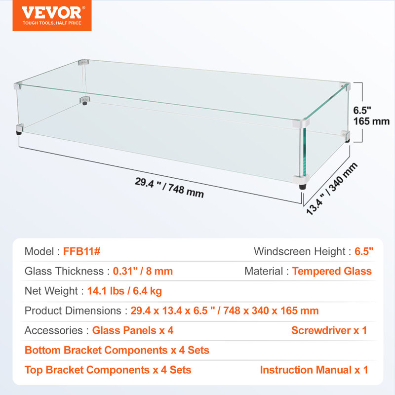 Pare-flammes (verre), H 6,50 po x l 29,40 po x P 13,40 po