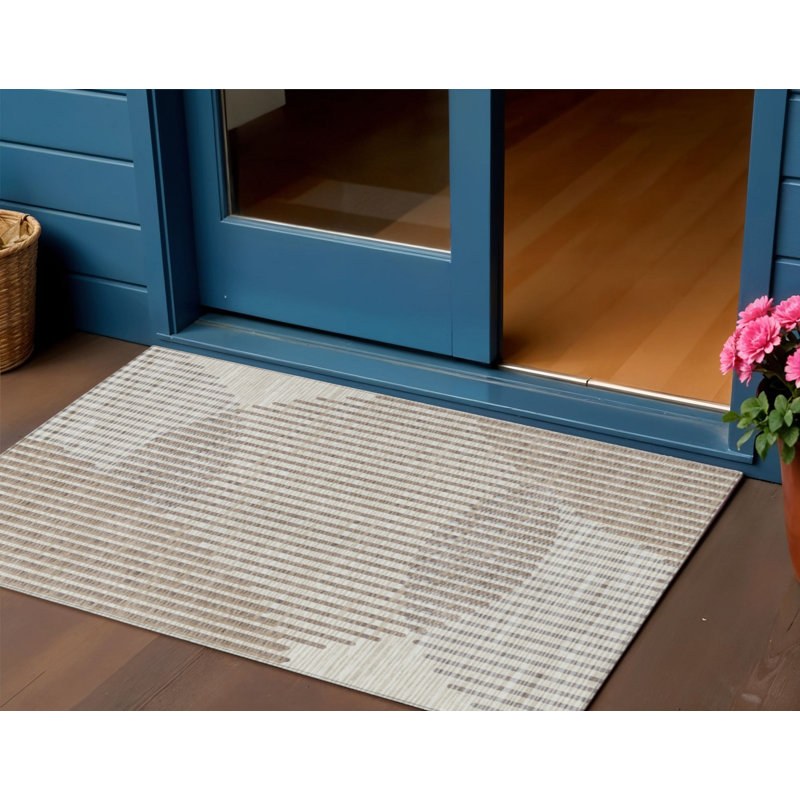 3' X 5' Beige And Ivory Geometric Washable Indoor Outdoor Area Rug
