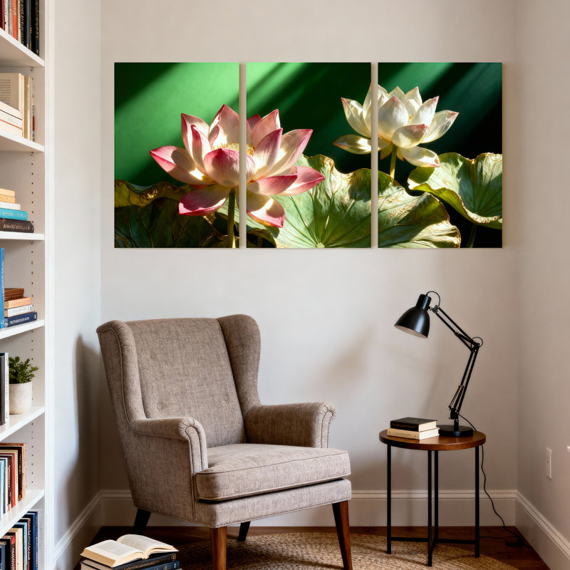 Ensemble de 3 tableaux sur toile tendue représentant des fleurs de lotus, H 18 po x l 36 po