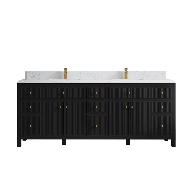 Ensemble de meuble-lavabo double 84 po, Noir, Blanc quartz Empira