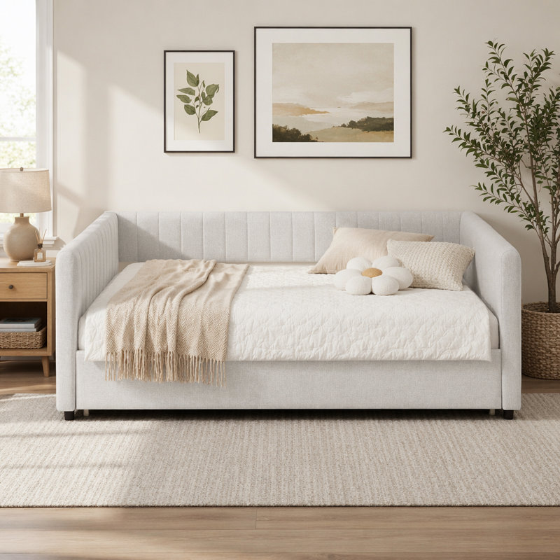 Lit de jour rembourré avec lit gigogne escamotable, structure de canapé beige en tissu de lin capitonné à rayures verticales, lit de repos d'invité robuste pour chambre à coucher, salon, chambre d'amis