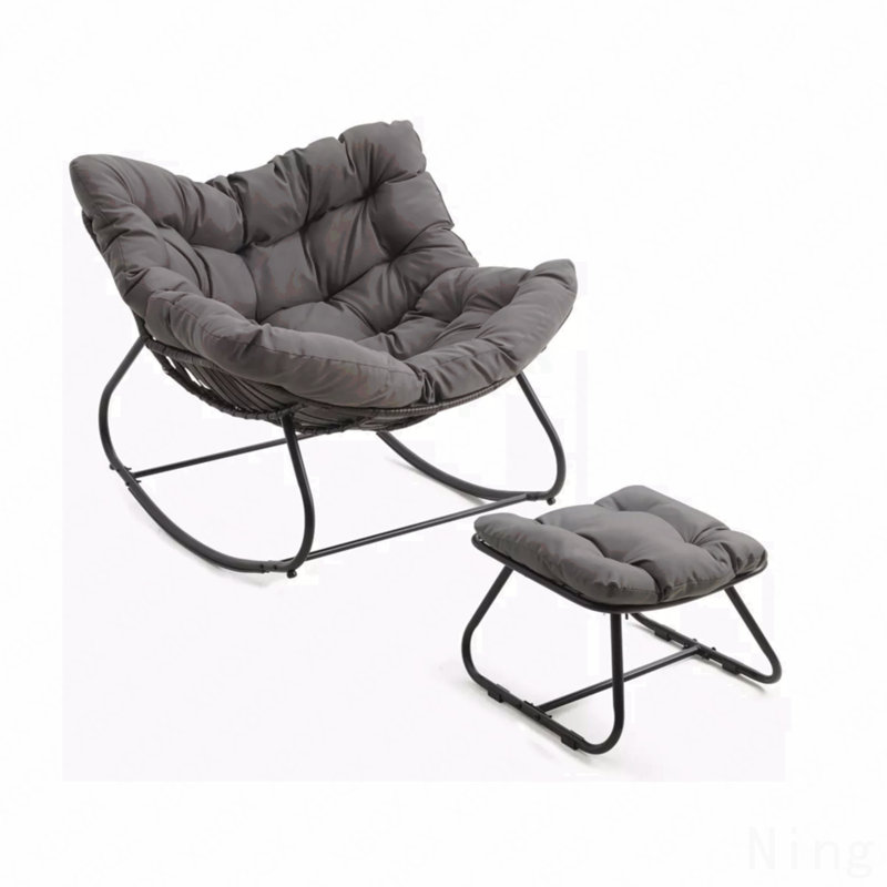 Dark Gray Egg Rocking Chair With Ottoman, All-Weather Wicker Lounge & Cushions, Gray