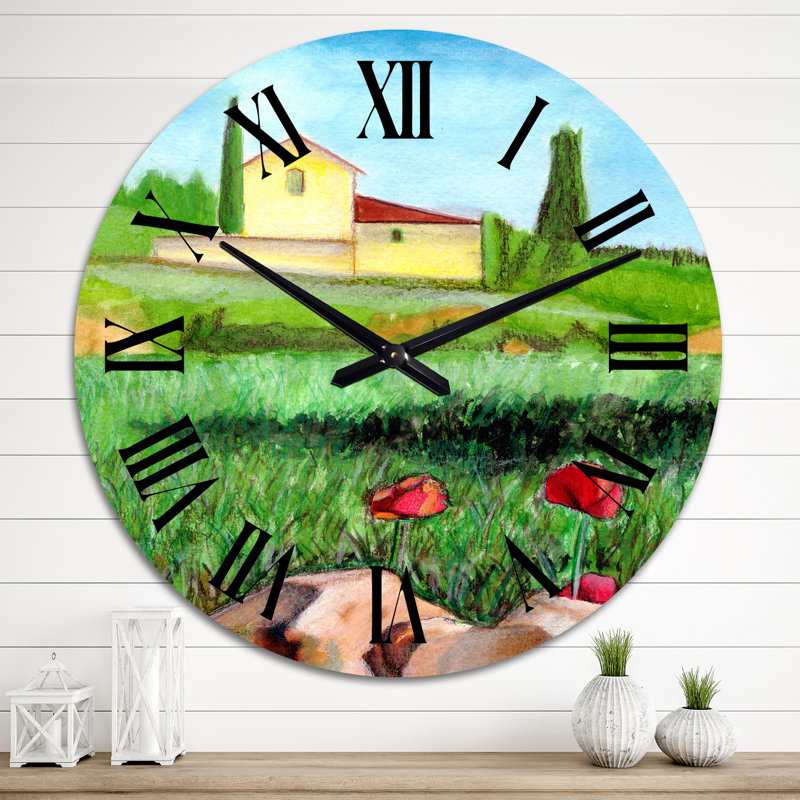 Country House Two Red Flowers in the Green Fields - Country Wall Clock, Oversized