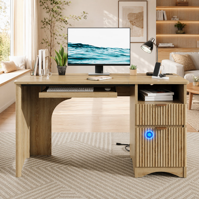 Neeru 55Inch Fluted Executive Desk with Fingerprint Lock, Modern Computer Writing Desks with Power Outlet, Home Office Desk with Keyboard Tray and Open Storage Compartment