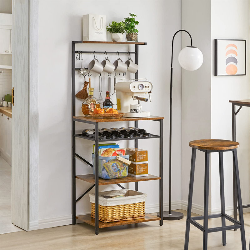 Kitchen Baker's Rack, Microwave Oven Stand With Storage Shelves, Industrial Coffee Bar Station, With Adjustable Wine Holders And S-Hooks, Metal Frame