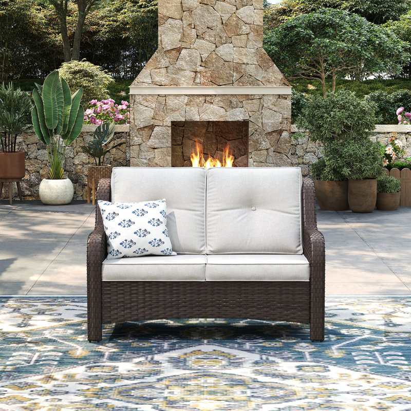 Causeuse de patio en osier avec coussins, Coussin bleu ardoise / cadre brun