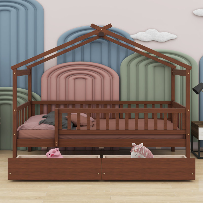 Wooden House Bed With Two Drawers, Walnut